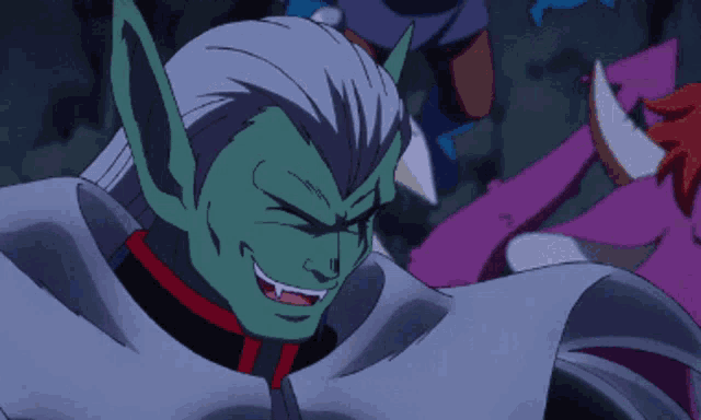 a cartoon drawing of a green monster with white hair and fangs