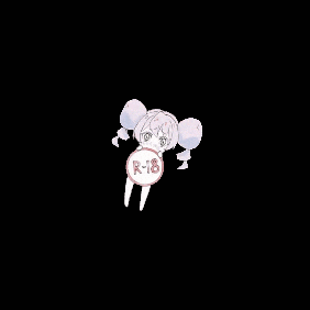 a pixel art of a girl with balloons and a sign that says r-18 .