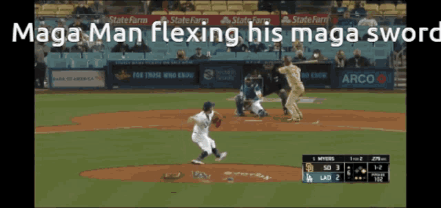 maga man is flexing his maga sword on a baseball field