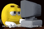 a yellow smiley face is looking at a computer screen .