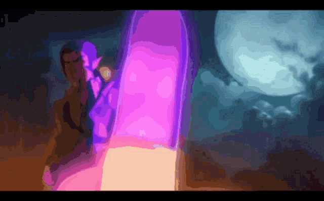 a painting of a man standing in front of a purple light with a full moon in the background