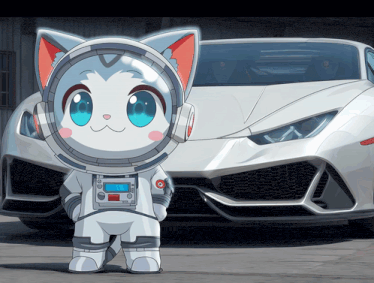 a cartoon cat wearing a space suit stands in front of a white car