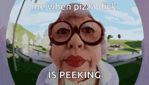 an elderly woman wearing glasses says me when pizza dick is peaking