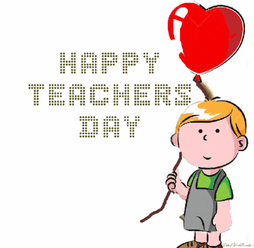 a boy is holding a red heart shaped balloon with the words happy teachers day written above him
