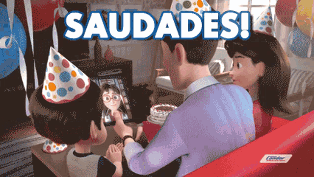 a cartoon of a family celebrating a birthday with the words saudades written above them