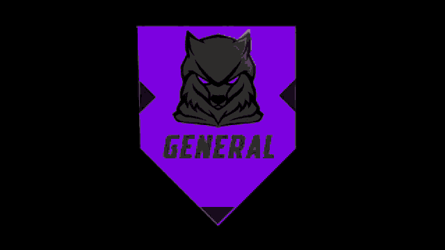 a purple shield with a wolf head and the word general on it