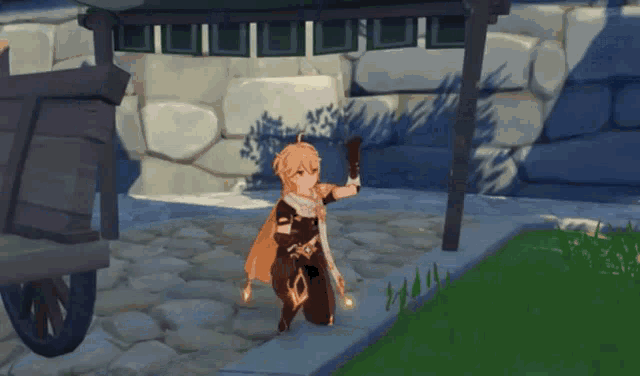 a cartoon character is kneeling down in front of a stone wall holding a torch .