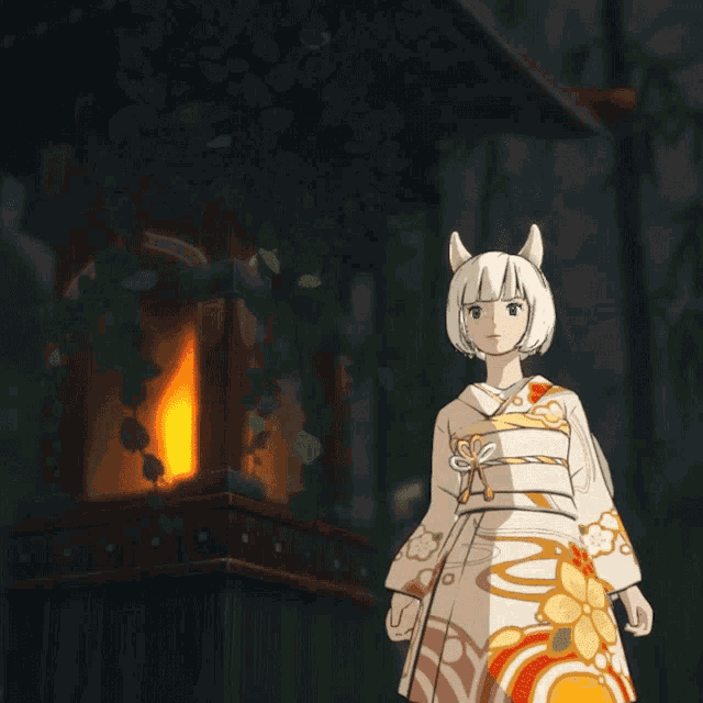a cartoon character with white hair and ears stands in front of a lantern