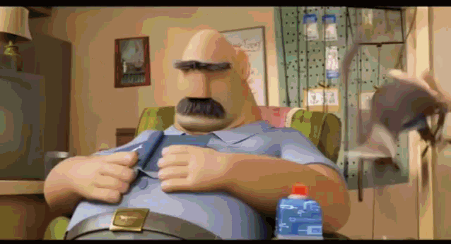 a man with a mustache is sitting in a chair