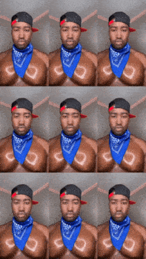a shirtless man wearing a blue bandana and a baseball cap looks at the camera
