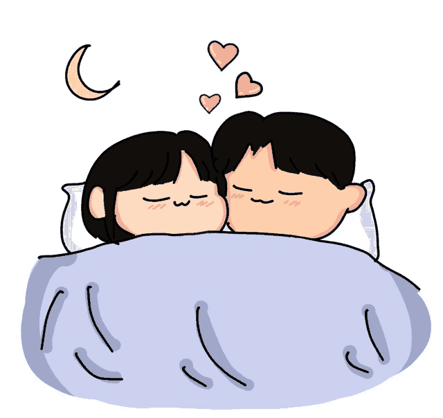 a cartoon drawing of a man and a woman kissing under a blanket