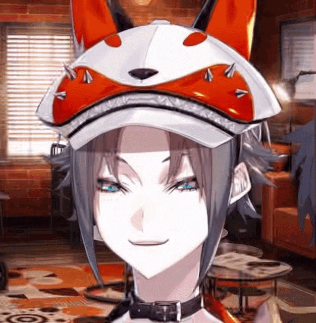 a person wearing a fox hat with spikes on it