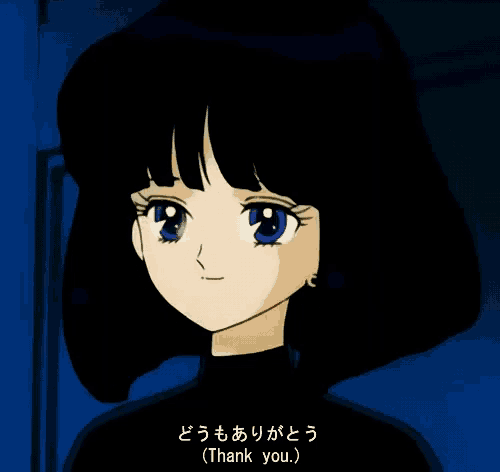 a girl with black hair is smiling and the words thank you are below her