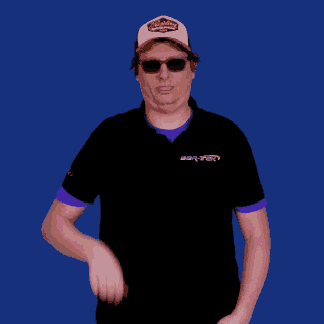 a man wearing sunglasses and a hat that says thunder