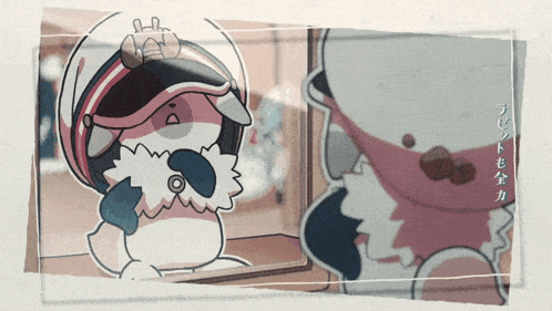 a cartoon of a rabbit wearing a hat and headphones looking in a mirror