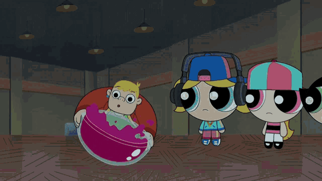 a group of cartoon characters including a boy wearing headphones and a girl wearing a pink and blue hat