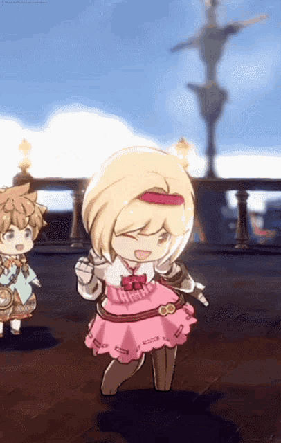 a little girl in a pink dress is standing next to a boy