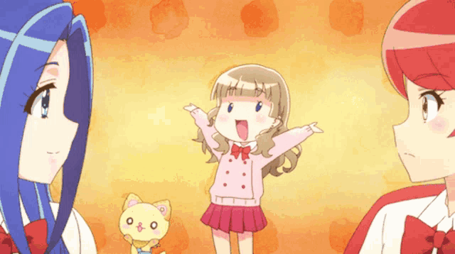 three anime girls are standing next to each other and one of them is holding a cat