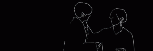 a black and white drawing of two men talking to each other .