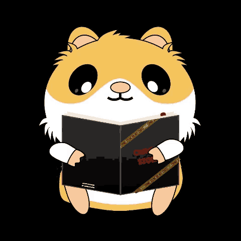 a cartoon hamster is reading a book called crime stories