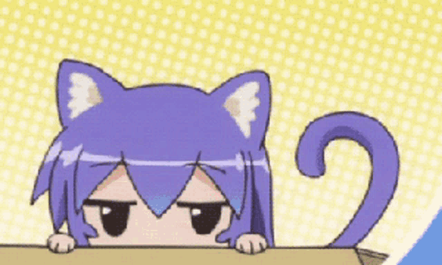 a cartoon character with a purple cat 's head and tail
