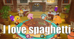 a video game says i love spaghetti with a plate of spaghetti