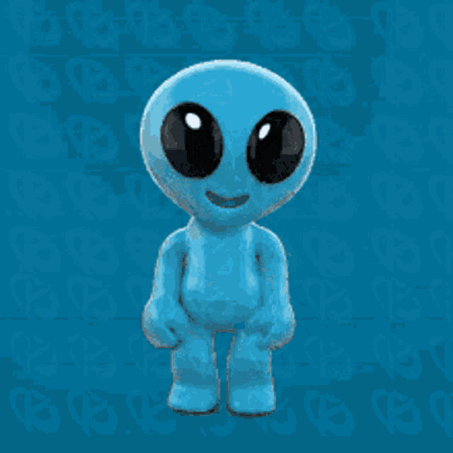 a blue alien with black eyes is standing in front of a blue background