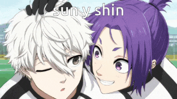 a couple of anime characters with the name sun y shin on the bottom right