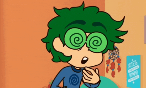 a cartoon of a boy with green hair wearing green hypnotic glasses