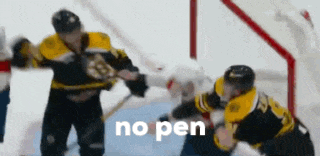 a hockey game is being played with the words " no pen " in the corner