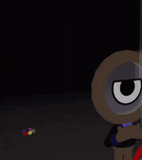 a cartoon character with a big eye is standing in the dark looking at something