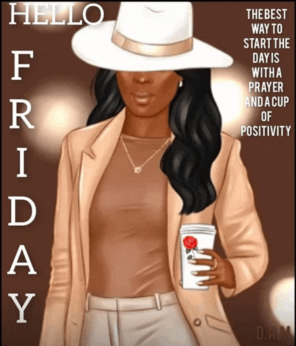 a woman in a white hat holding a cup of coffee