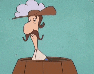 a cartoon of a man with a hat and mustache sticking his head out of a barrel .