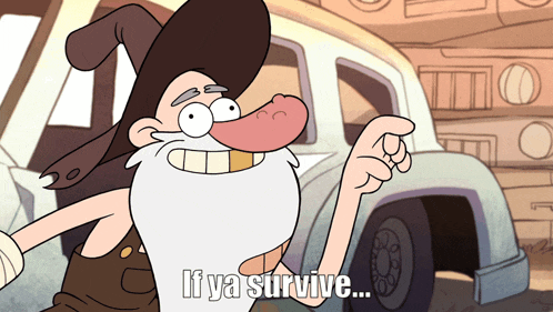 a cartoon character says if ya survive in front of a vehicle