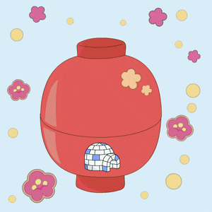 a penguin is sitting inside of a red bowl with flowers around it