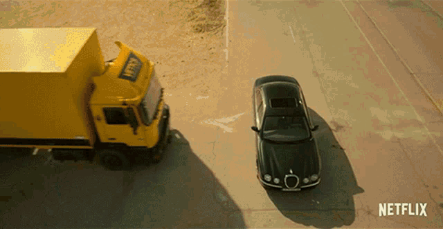 a netflix ad shows a yellow truck and a green car