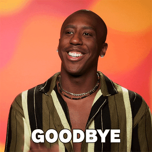 a man in a striped shirt is smiling with the words goodbye above him
