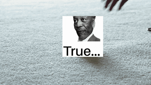 a black and white photo of a man with the word true below him