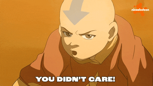 a cartoon character says " you didn 't care " on a nickelodeon logo