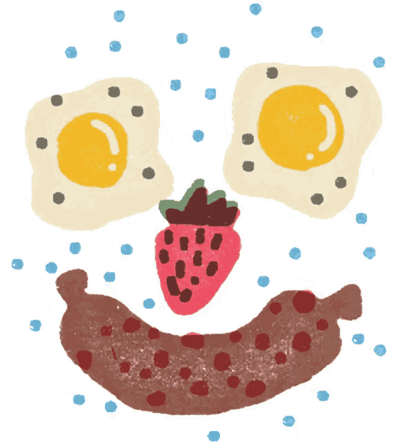 a drawing of eggs a strawberry and a sausage on a face