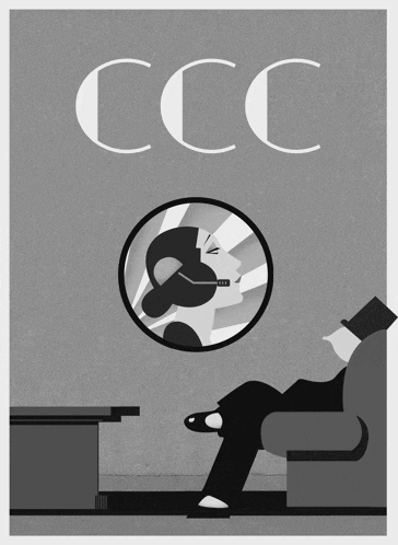 a black and white poster for ccc with a woman in a mirror