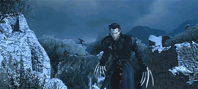a man with sharp claws is standing in a snowy landscape