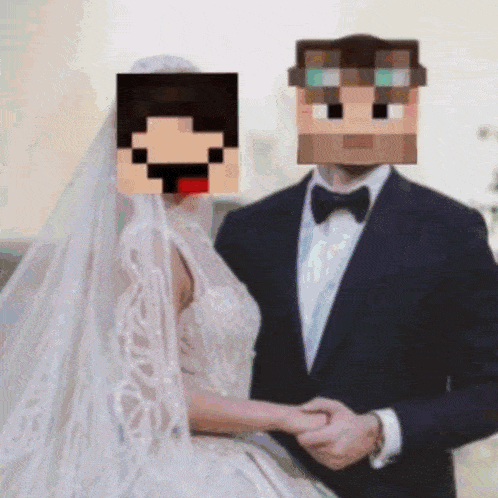 a bride and groom with minecraft faces on their heads