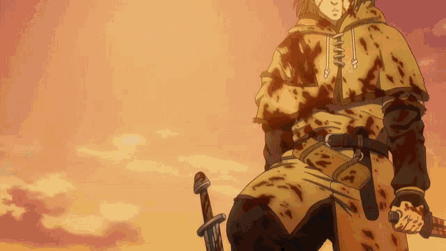 a man in a yellow coat is holding a sword in his hand