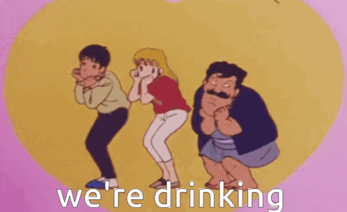a cartoon of three people dancing with the words we 're drinking in the middle