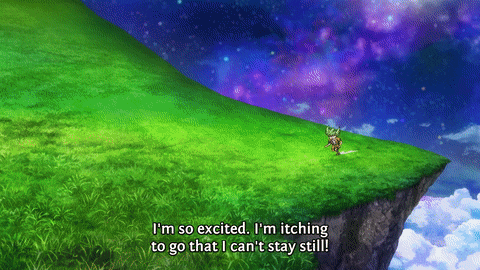 a person standing on top of a grassy hill with the words " i 'm so excited "