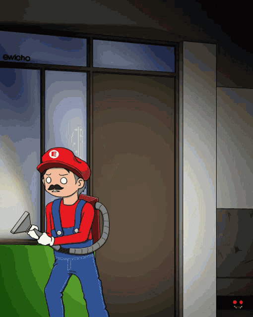 a cartoon of a man dressed as mario with a e on his hat