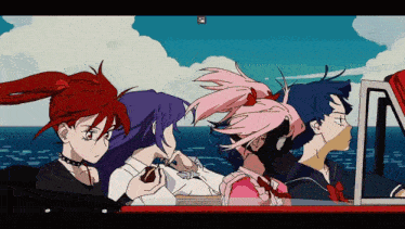a group of anime characters are sitting in a car looking at the ocean