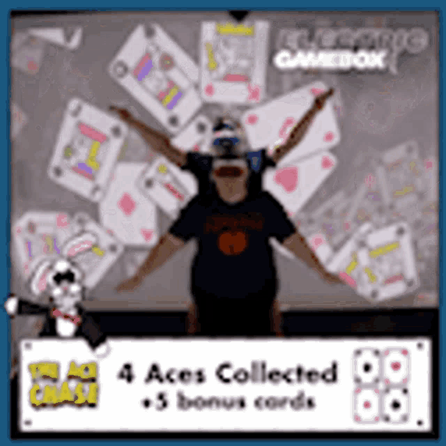 a man is standing in front of a wall of playing cards and a sign that says 4 aces collected and 3 bonus cards