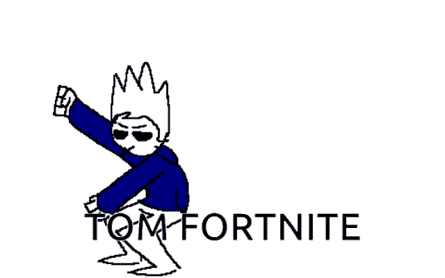 a drawing of a man in a blue jacket and white pants standing in front of the word tom fortnite .
